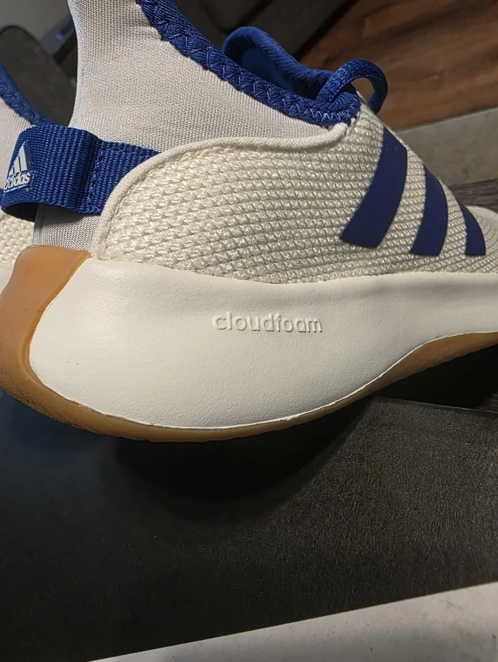 Adidas Cloudfoam Pure SPW White Knit Sneakers with Blue Stripes